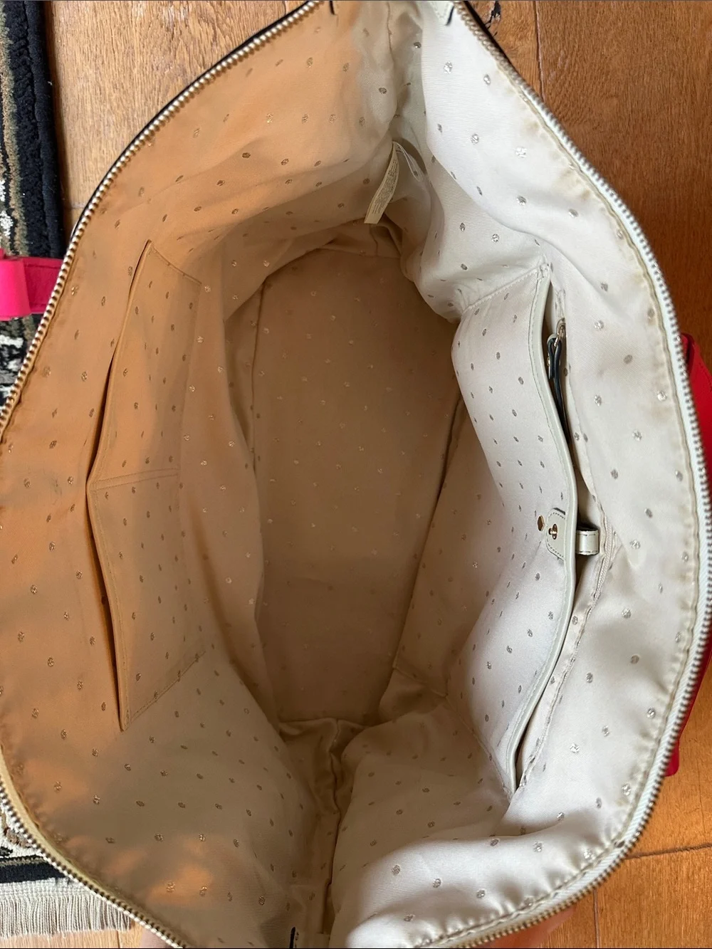 kate spade Cream & Black Leather Tote with Hot Pink Handles